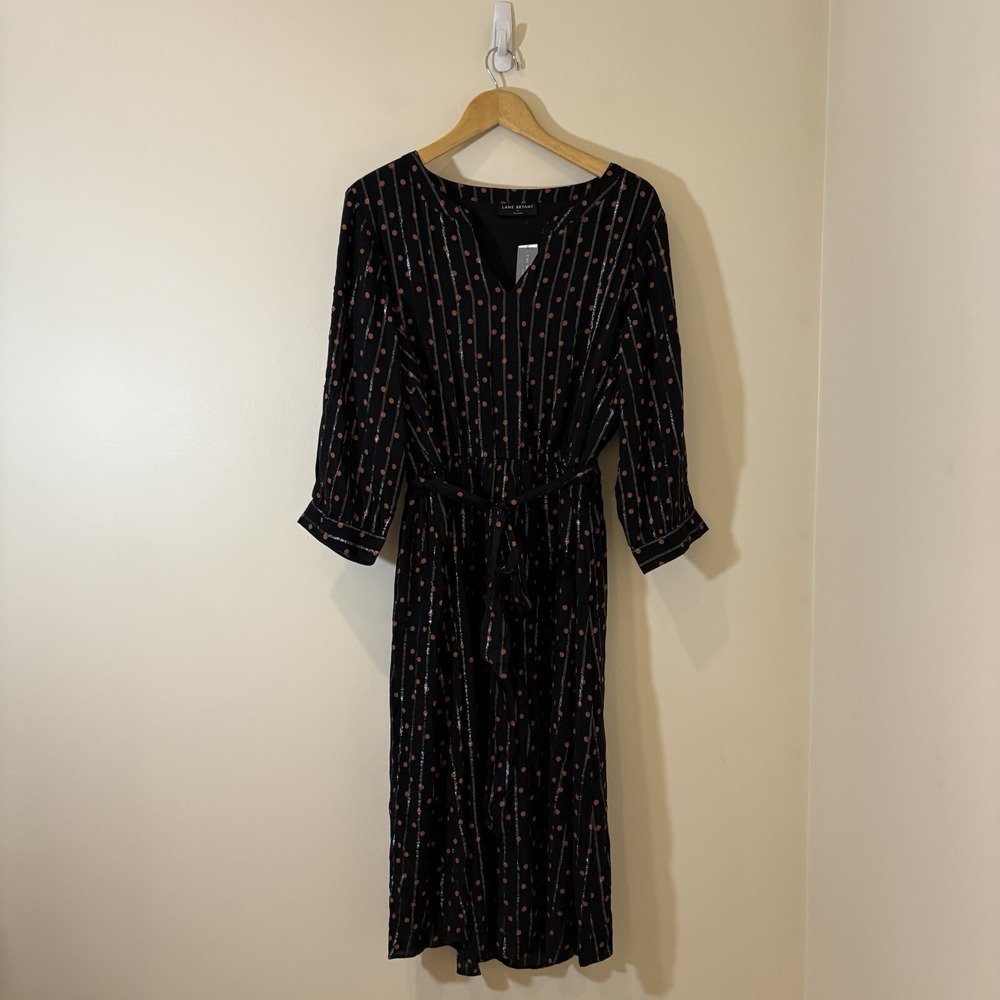 Lane Bryant Womens Midi Dress Black Polka Dot Metallic Stripe Tie Whimsigoth - Picture 7 of 11